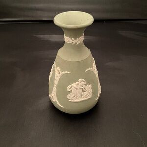 Wedgwood Celadon Green Jasperware Bud Vase with Raised Cream Design